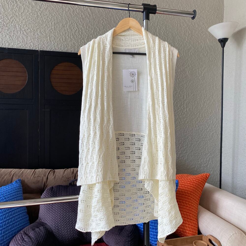 Emily Rose Sweater Cardigan Knit Eyelet Loose Flare Cream Large Cozy Casual